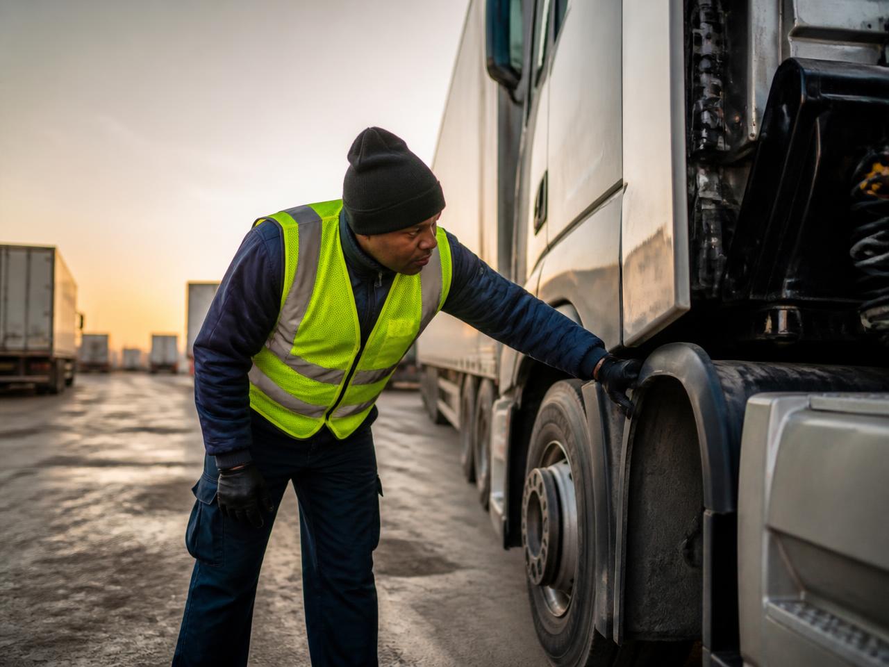 Driver performing a pre-trip safety inspection on a Skinner Transportation truck