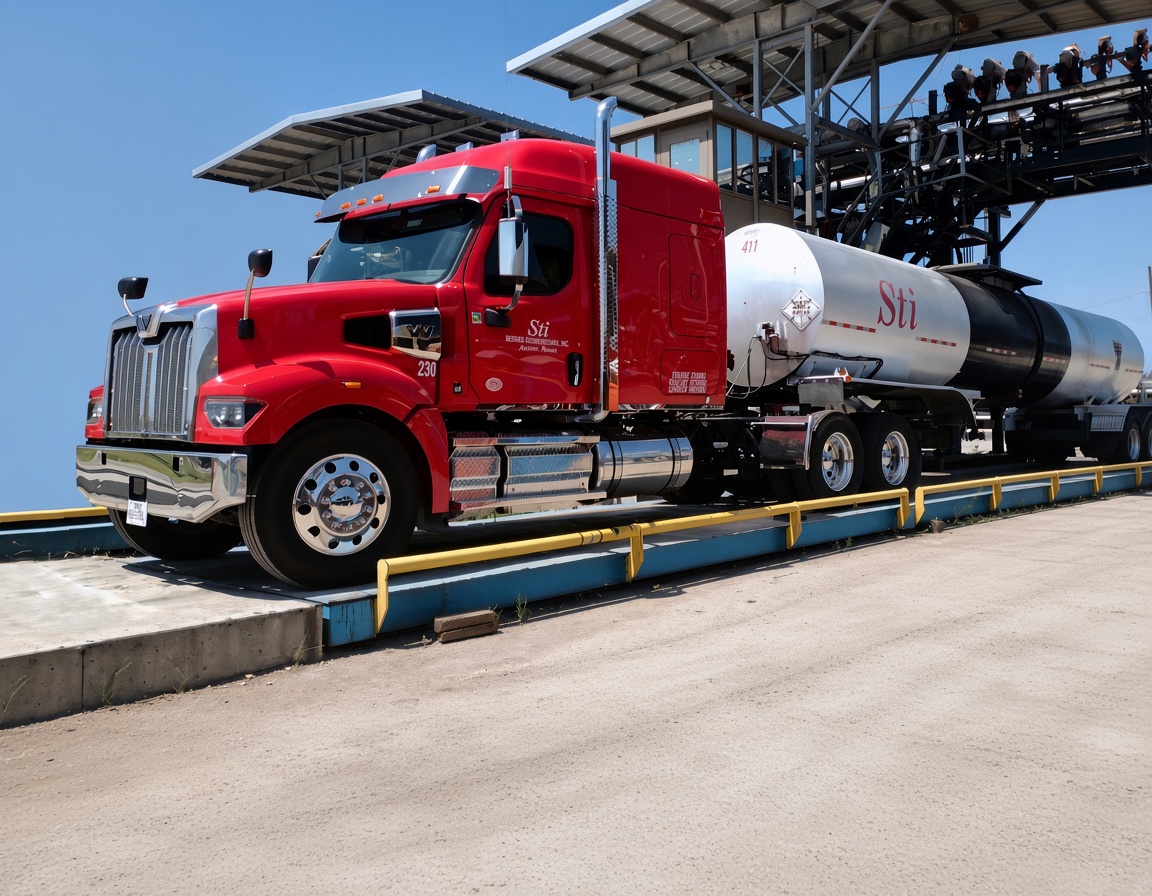 Red Skinner Transportation tractor and tanker trailer on a weigh scale