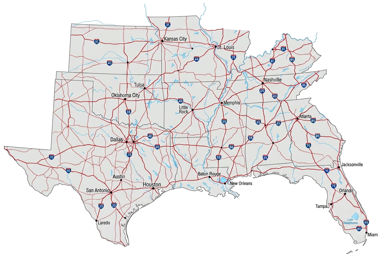 Map of the southern United States showing Skinner Transportation service locations